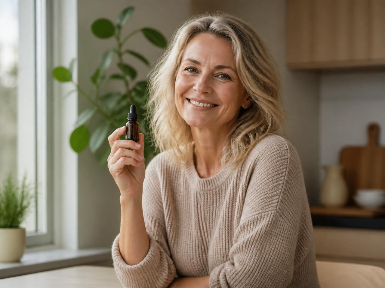 Sabine K., 54, in ihrer Küche mit den KetoSana Tropfen